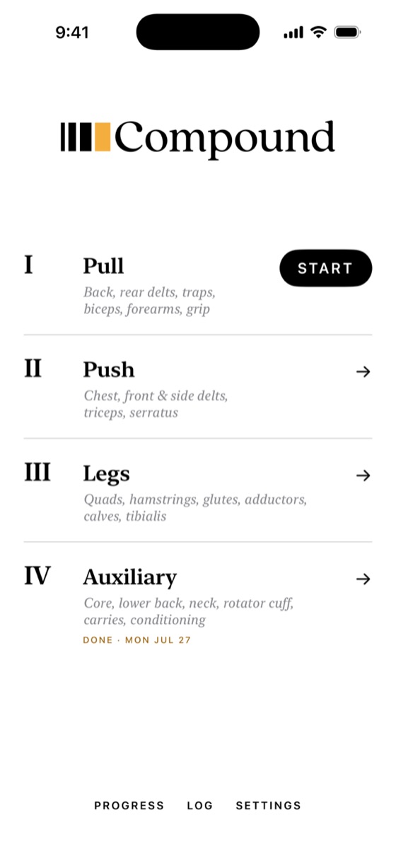 The home screen: the four days in order, with Start on the next one
