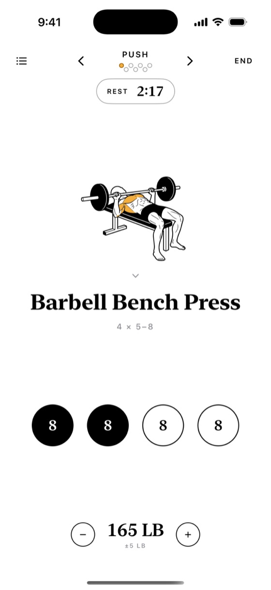 An exercise screen: bench press with set circles, a rest countdown and the weight