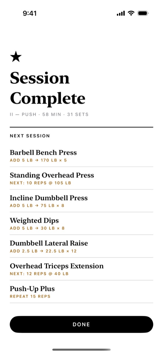 The session summary, listing each lift's target for next time