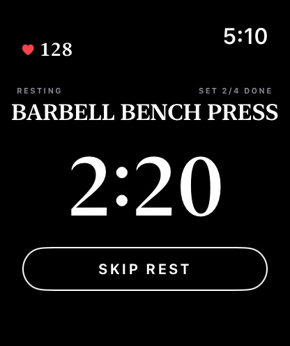 The watch during rest: a countdown and a skip button